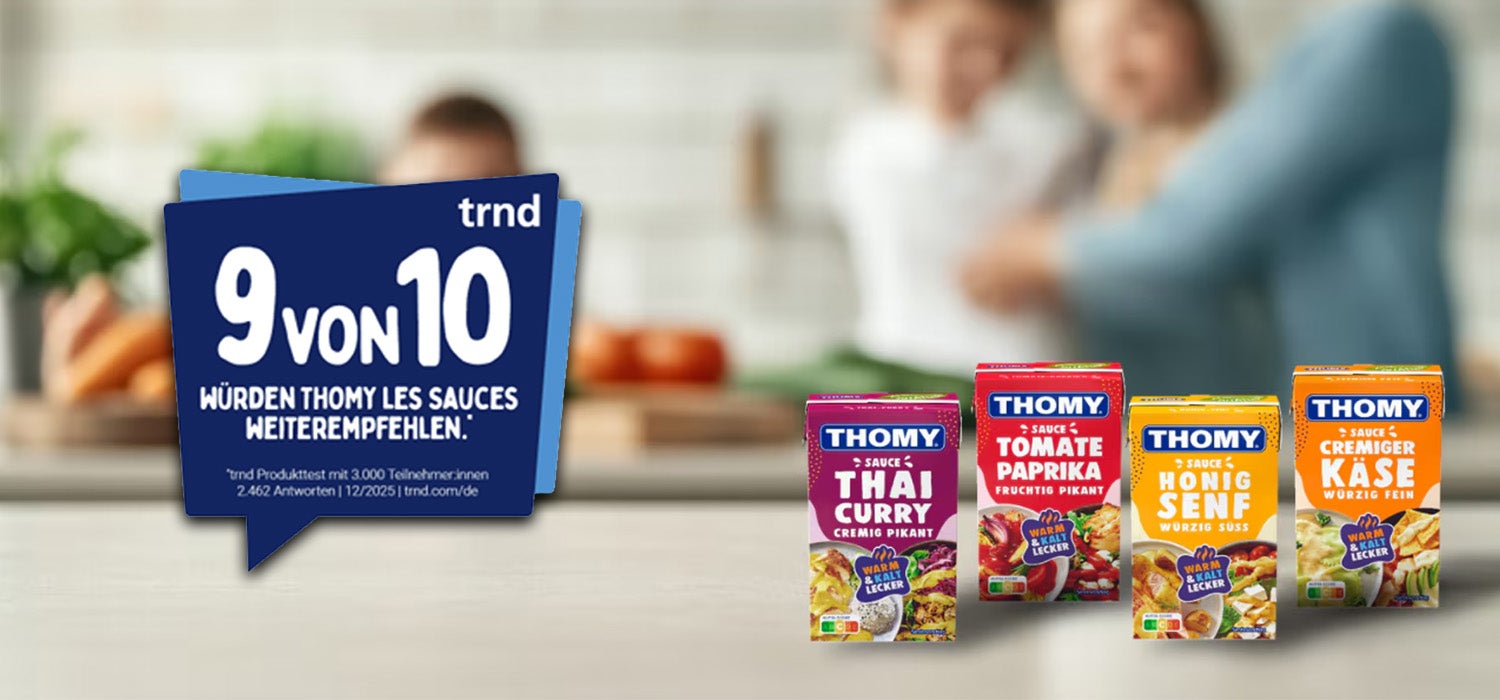 Abbildung von den neuen 4 Les Sauce inklusive Verbraucherclaim, dass 9 von 10 Kunden Les Sauces weiterempfehlen würden