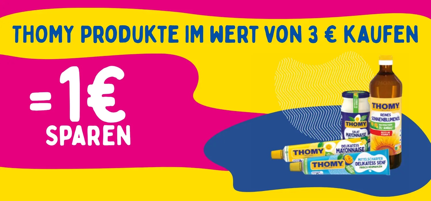THOMY Mayonnaise, Senf und Sonnenblumenoel mit Hinweis auf 1 Euro sparen bei Grillpromotion